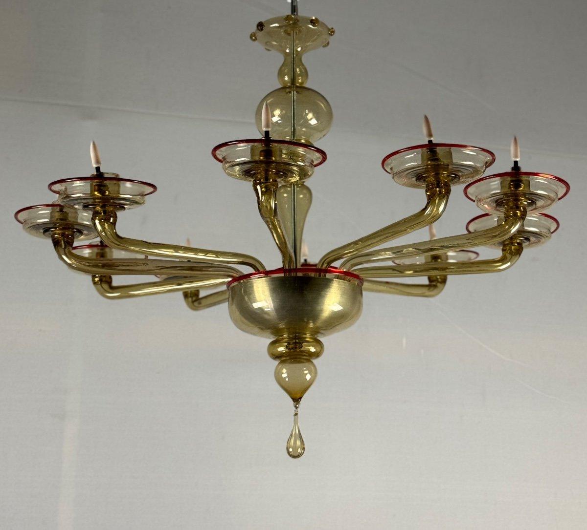 Venetian Chandelier In Mordore Murano Glass Highlighted With A Red line, 

Venini, 

10 arms of light, 

New wiring