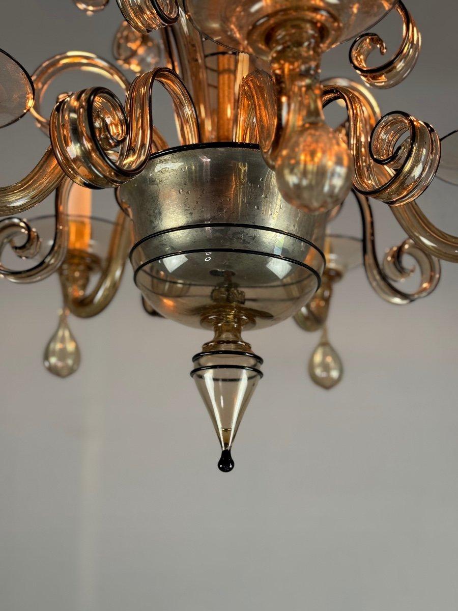 Metal Venetian Chandelier In Mordore Murano Glass Highlighted With Black Lining For Sale