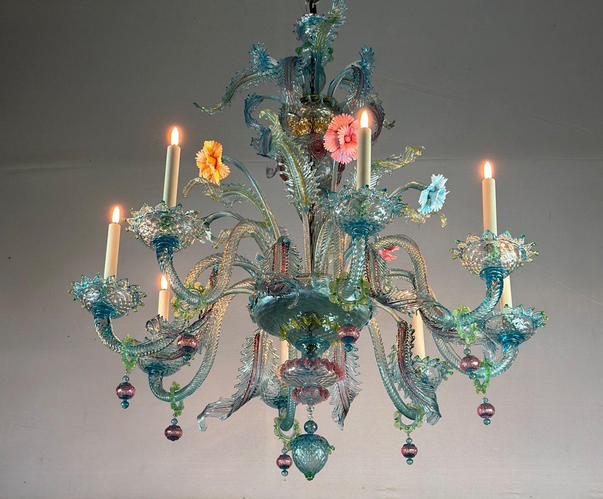 Venetian Chandelier In Multicolored Murano Glass With Dominant Aquamarine 8 Arms 4