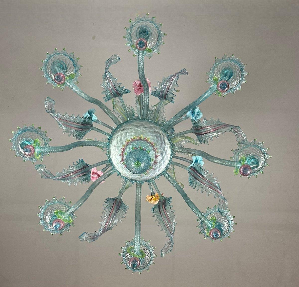 Venetian Chandelier In Multicolored Murano Glass With Dominant Aquamarine 8 Arms 5