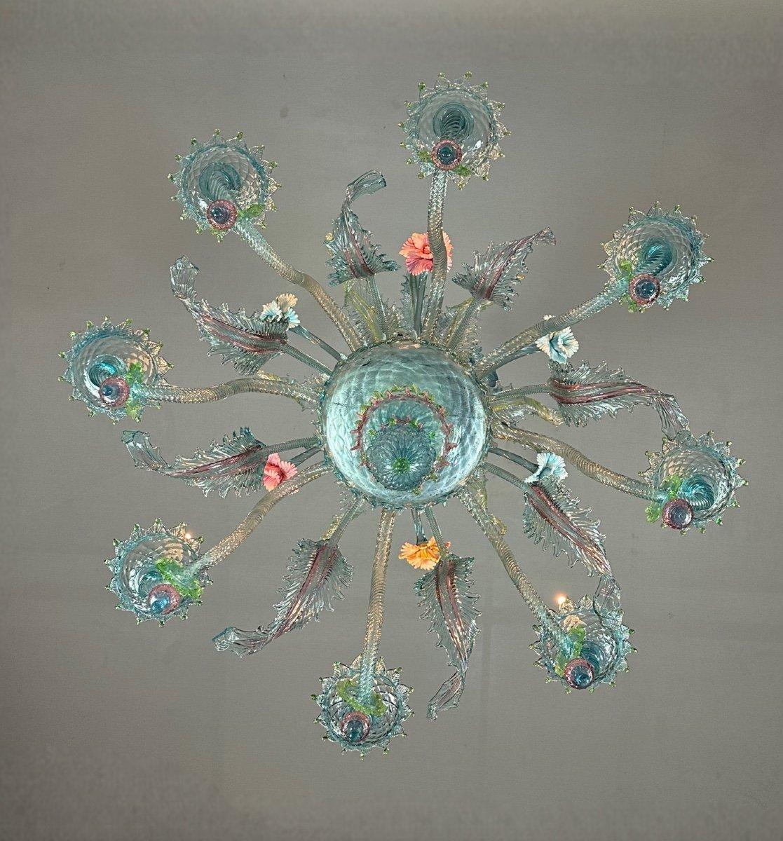 Venetian Chandelier In Multicolored Murano Glass With Dominant Aquamarine 8 Arms 6