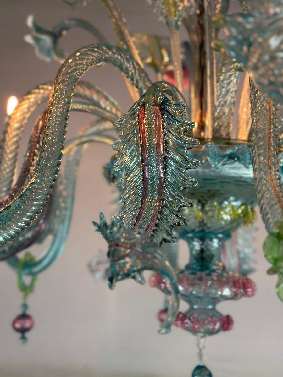 Louis XV Venetian Chandelier In Multicolored Murano Glass With Dominant Aquamarine 8 Arms
