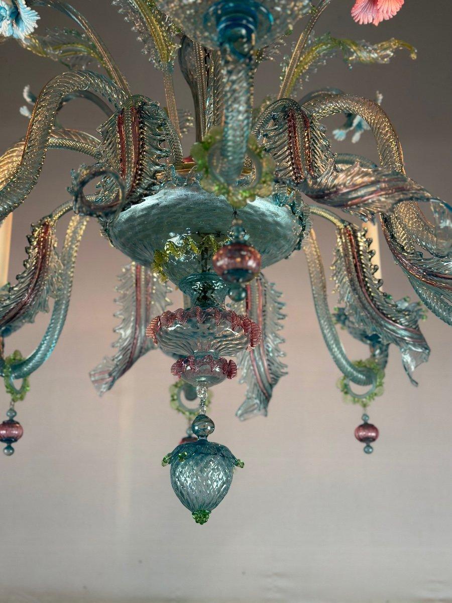 Venetian Chandelier In Multicolored Murano Glass With Dominant Aquamarine 8 Arms 2