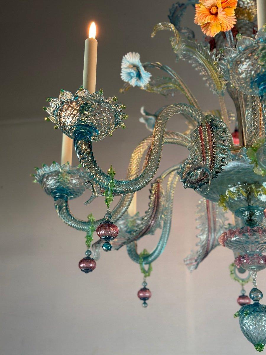 Venetian Chandelier In Multicolored Murano Glass With Dominant Aquamarine 8 Arms 3