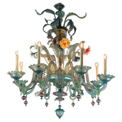 Venetian Chandelier In Multicolored Murano Glass With Dominant Aquamarine 8 Arms