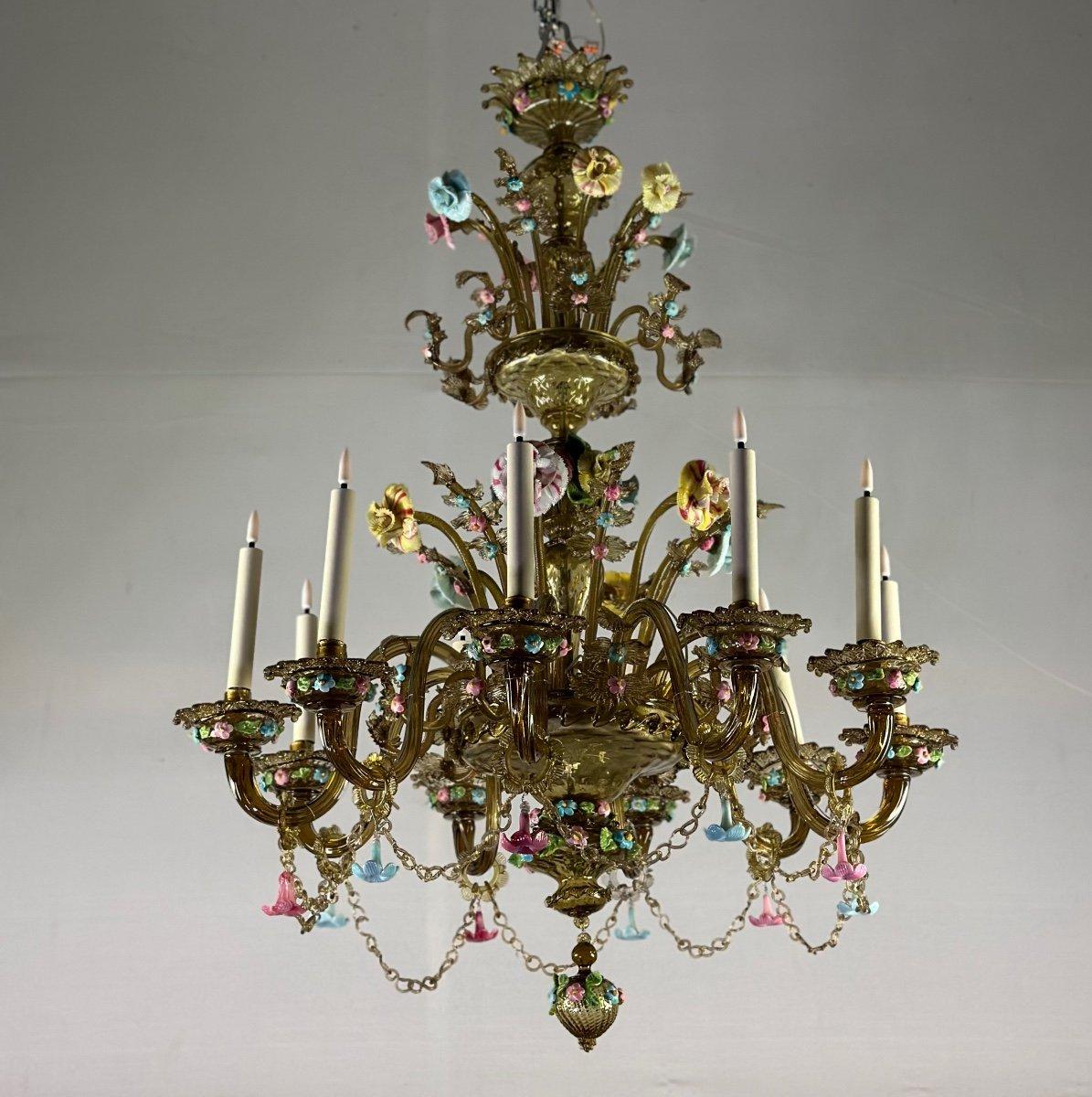 Venetian Chandelier In Multicolored Murano Glass With Green Dominance, Circa 1880. 10 sconces, new electrification