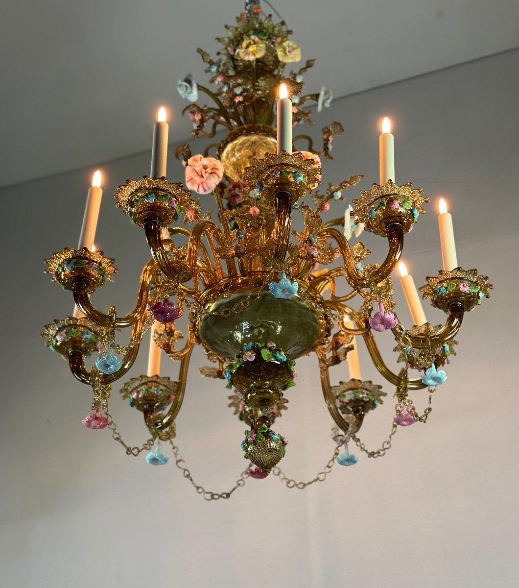 Venetian Chandelier In Multicolored Murano Glass With Green Dominance, Circa 188 In Good Condition In Honnelles, WHT