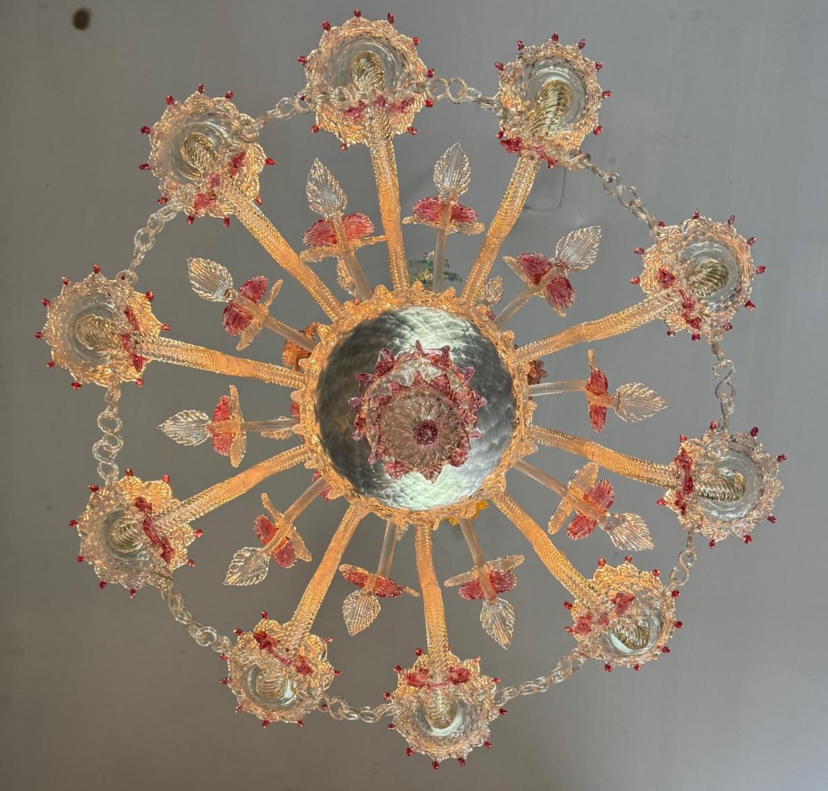 Araña veneciana de cristal de Murano multicolor, 10 brazos de luz, hacia 1880 en venta 4