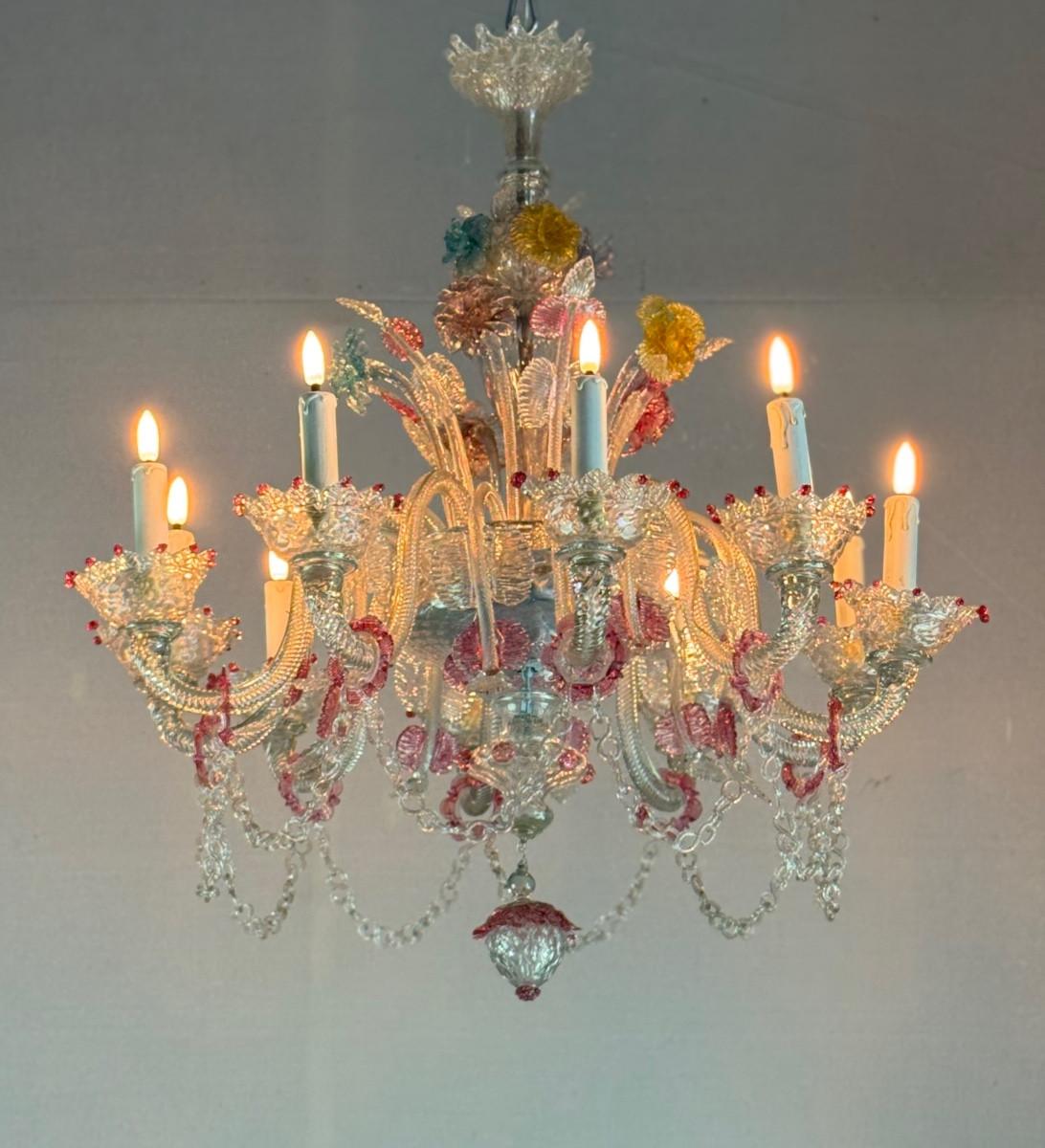 Araña veneciana de cristal de Murano multicolor, 10 brazos de luz, hacia 1880 en venta 5