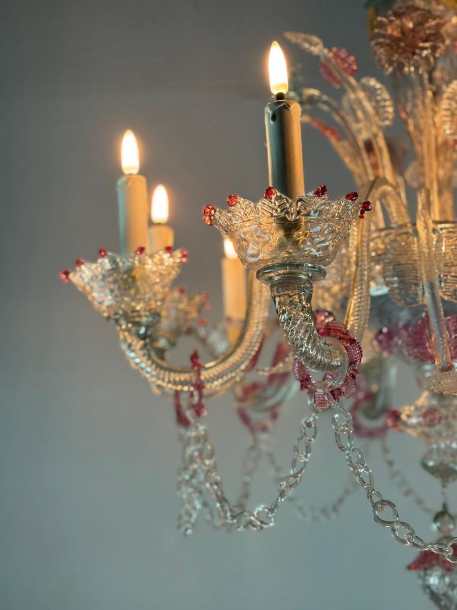Araña veneciana de cristal de Murano multicolor, 10 brazos de luz, hacia 1880 Italiano en venta