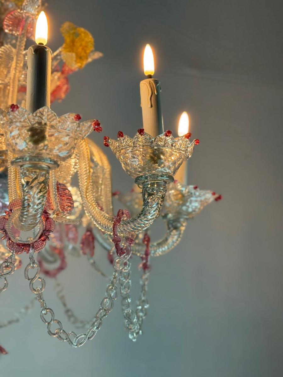 Araña veneciana de cristal de Murano multicolor, 10 brazos de luz, hacia 1880 siglo XX en venta