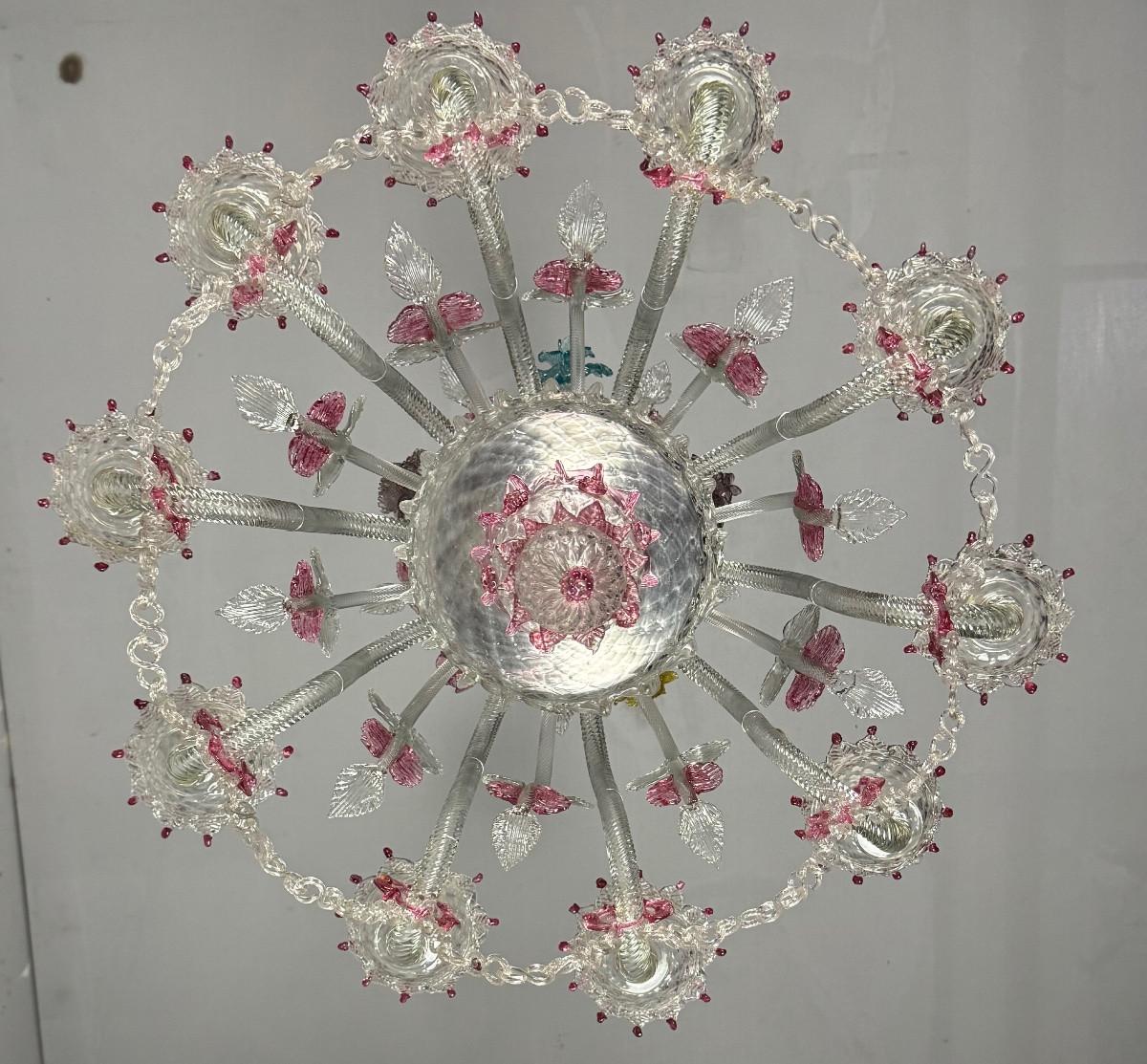 Araña veneciana de cristal de Murano multicolor, 10 brazos de luz, hacia 1880 en venta 3