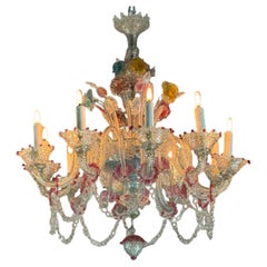 Araña veneciana de cristal de Murano multicolor, 10 brazos de luz, hacia 1880