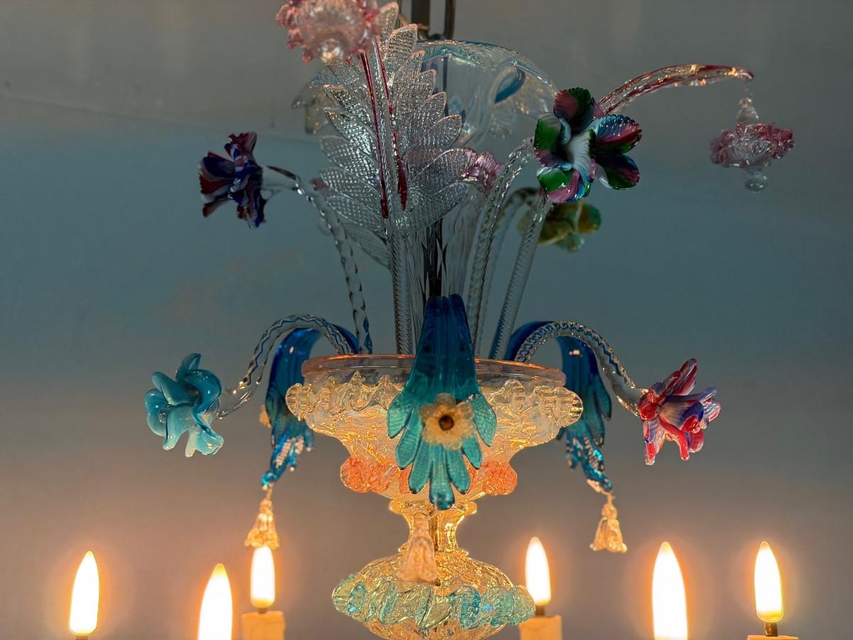 20ième siècle Lustre vénitien en verre de Murano multicolore, vers 1930 en vente