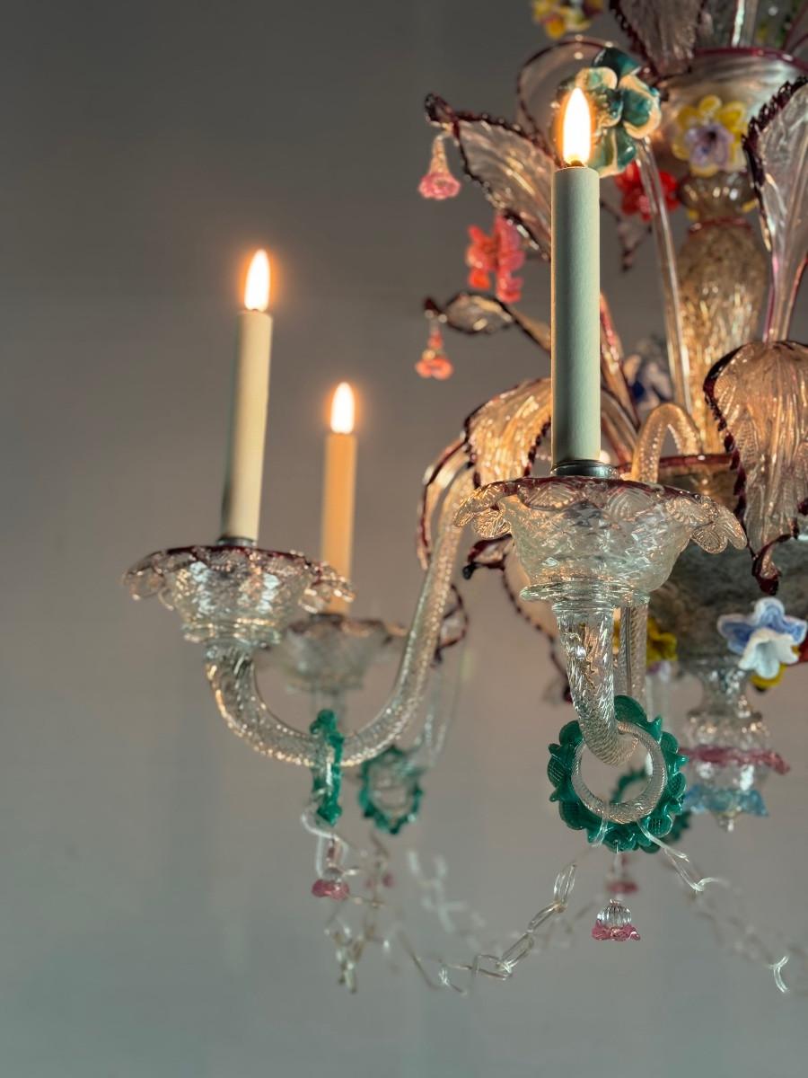 Araña veneciana de cristal de Murano multicolor con 7 brazos luminosos, hacia 1920 en venta 4