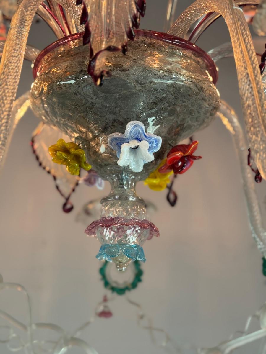 Araña veneciana de cristal de Murano multicolor con 7 brazos luminosos, hacia 1920 en venta 5