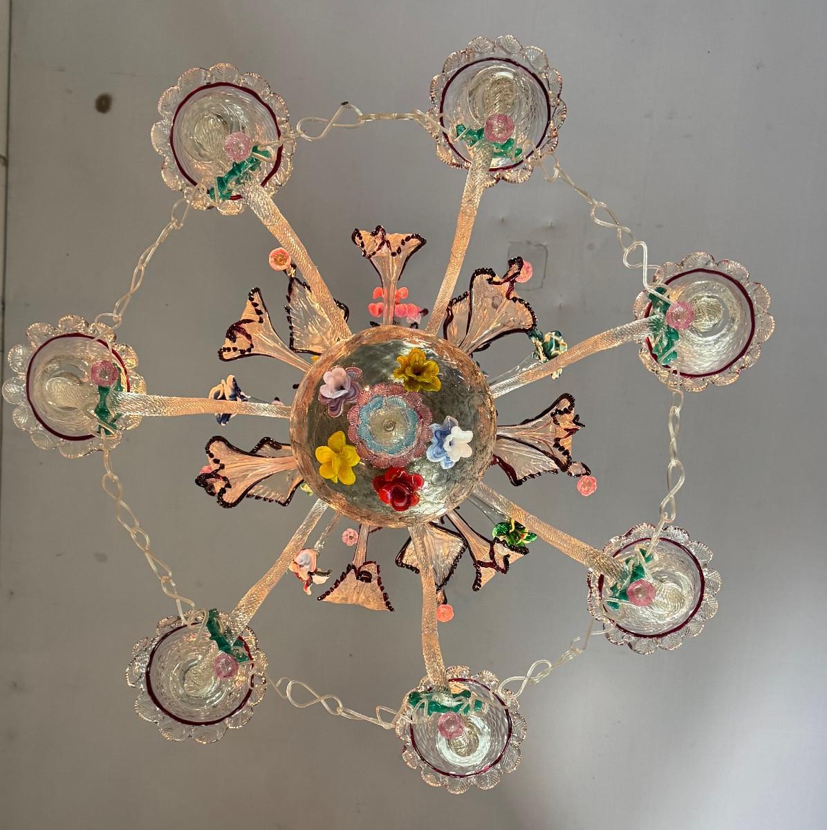 Araña veneciana de cristal de Murano multicolor con 7 brazos luminosos, hacia 1920 en Bueno estado para la venta en Honnelles, WHT