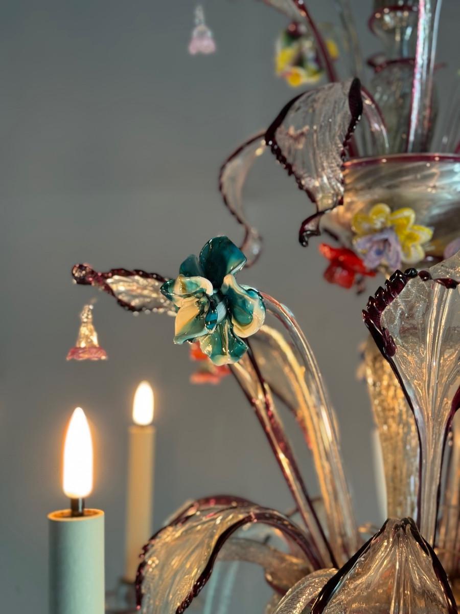 Araña veneciana de cristal de Murano multicolor con 7 brazos luminosos, hacia 1920 siglo XX en venta