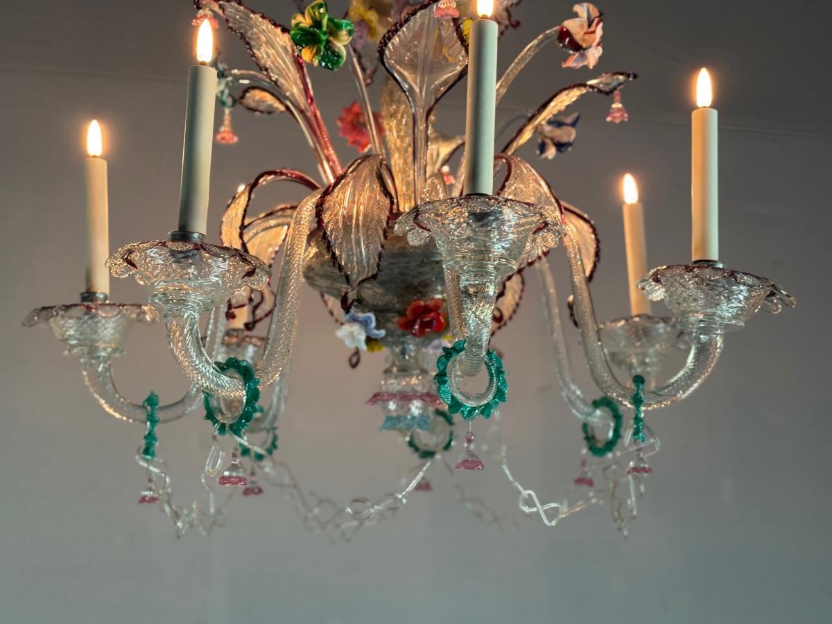 Araña veneciana de cristal de Murano multicolor con 7 brazos luminosos, hacia 1920 en venta 1