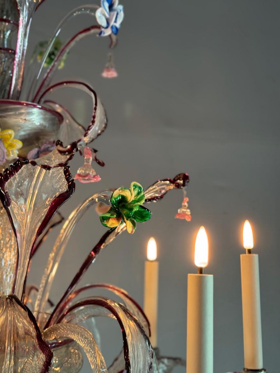 Araña veneciana de cristal de Murano multicolor con 7 brazos luminosos, hacia 1920 en venta 2