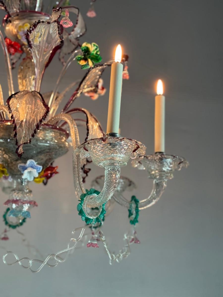 Araña veneciana de cristal de Murano multicolor con 7 brazos luminosos, hacia 1920 en venta 3