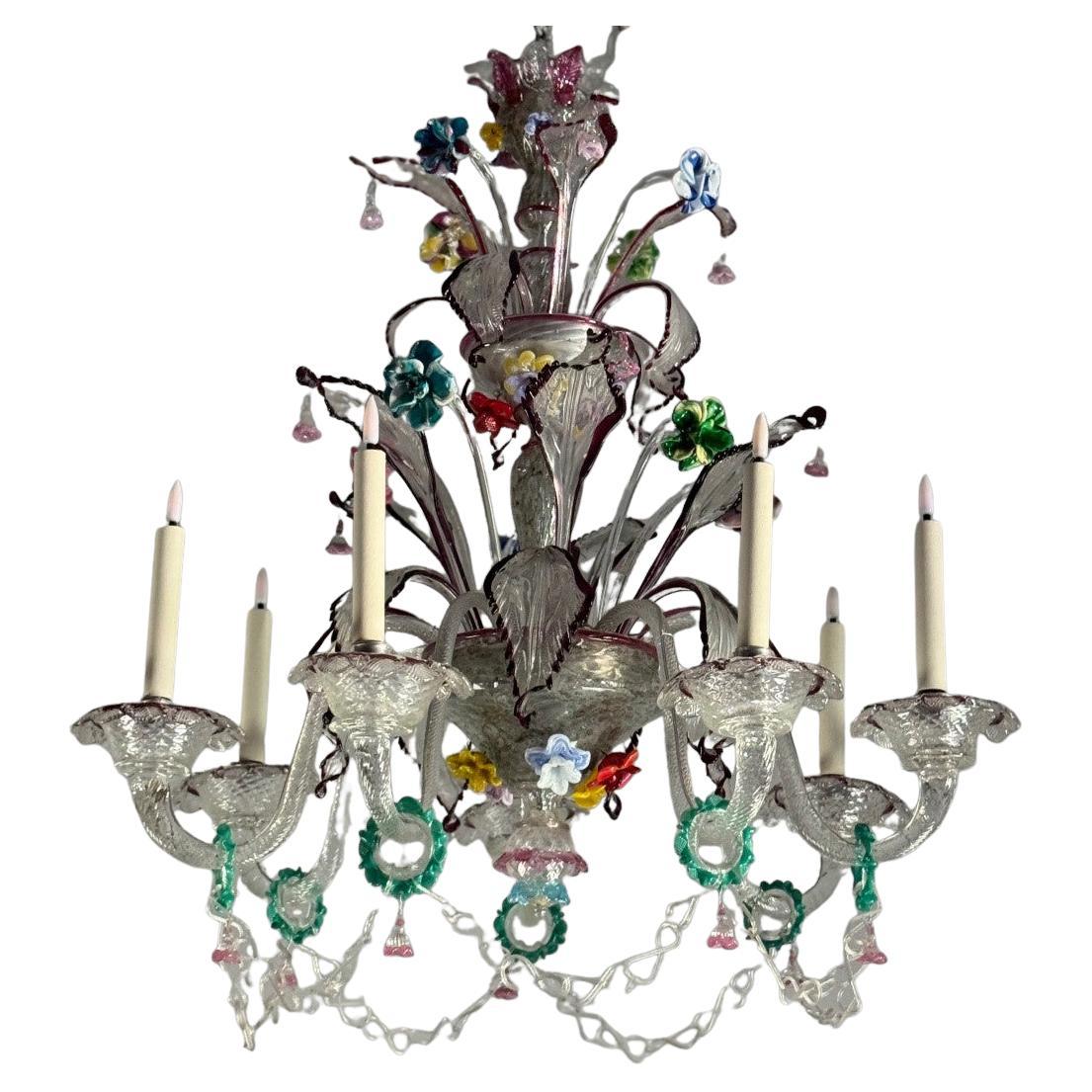 Lustre vénitien en verre de Murano multicolore avec 7 bras de lumière, circa 1920