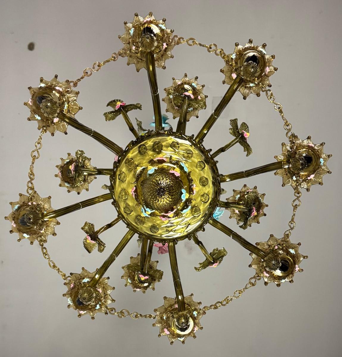 Lustre vénitien en verre de Murano multicolore à dominante verte. en vente 3