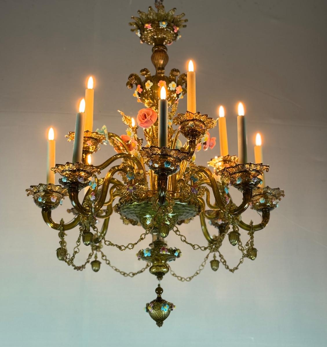 Lustre vénitien en verre de Murano multicolore à dominante verte. en vente 4