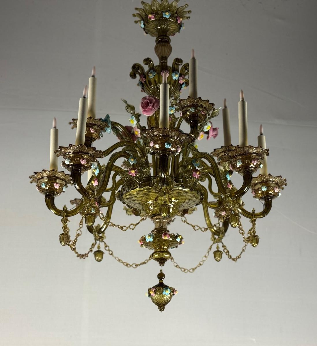 Lustre vénitien en verre de Murano multicolore à dominante verte. en vente 1