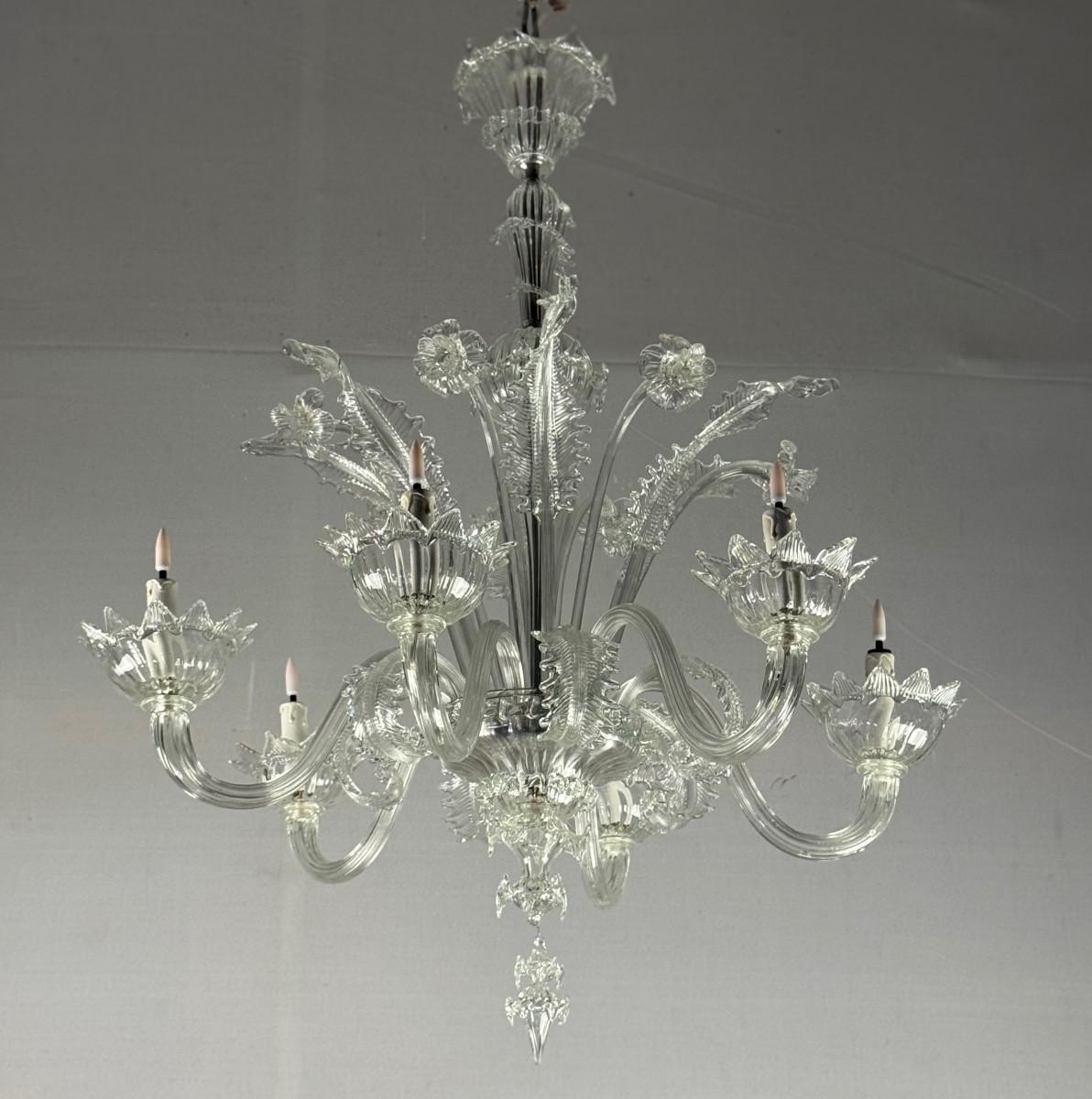 Art Deco Venetian chandelier in Murano glass, 6 light arms, circa 1930 For Sale