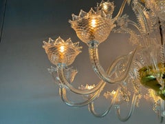 Venetian Chandelier In Murano Glass, Clear, Three Levels Of Light, Gold Cups
