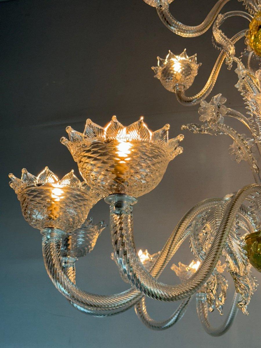 Lampadario veneziano in vetro di Murano, trasparente, tre livelli di luce, coppe dorate in vendita 3