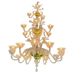 Venetian Chandelier In Murano Glass, Clear, Three Levels Of Light, Gold Cups