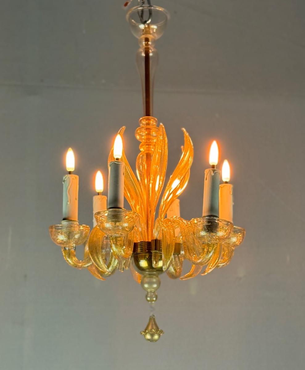 Venezianischer Kronleuchter aus Murano-Glas mit Goldspritzern, um 1950 im Angebot 7