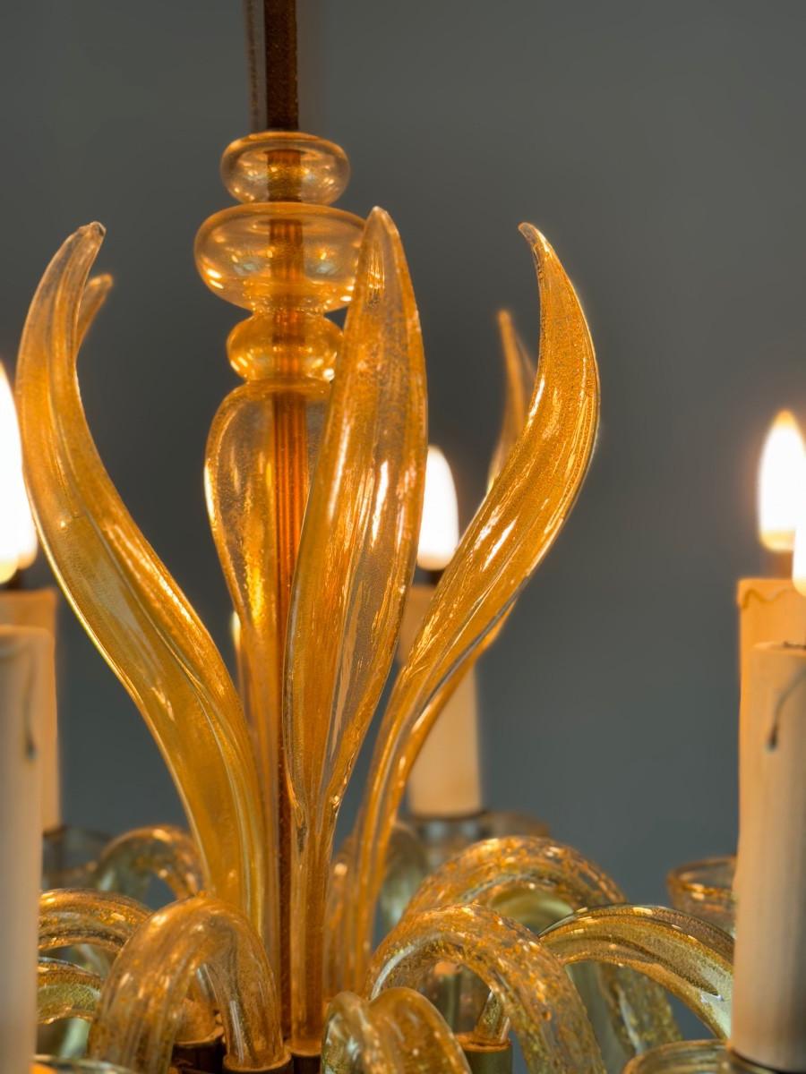 Venezianischer Kronleuchter aus Murano-Glas mit Goldspritzern, um 1950 im Angebot 2