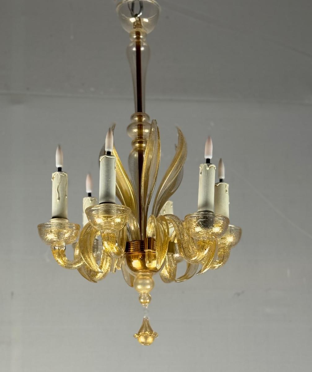 Venezianischer Kronleuchter aus Murano-Glas mit Goldspritzern, um 1950 im Angebot 4