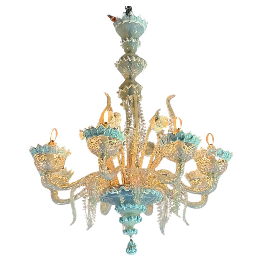 Venetian Chandelier In Murano Glass Two Tones Of Blue, Circa 1940, 8 Arms  For Sale