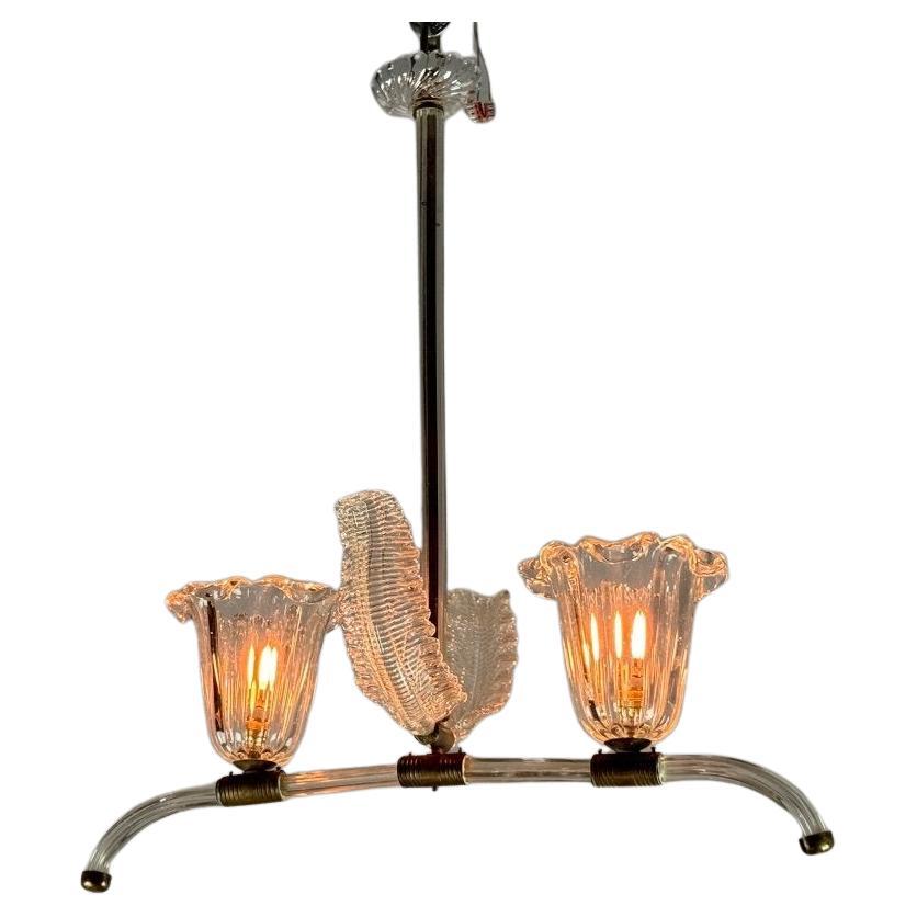 Venetian Chandelier In Transparent Murano Glass And Brass Circa 1950