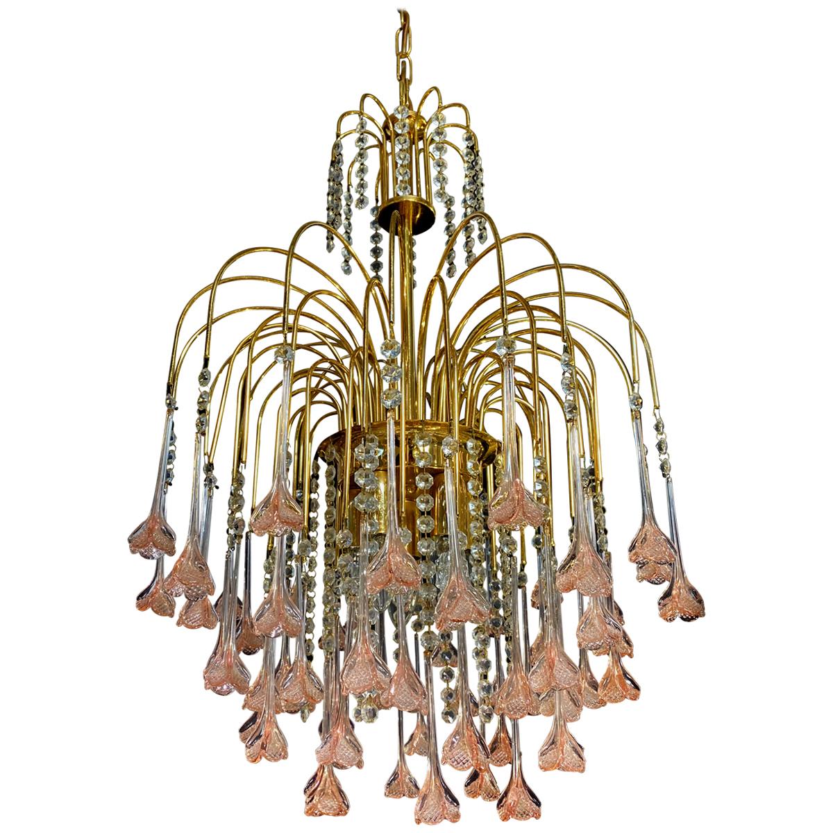 Venetian Chandelier Pink Flowers Glass, Murano, 1970s