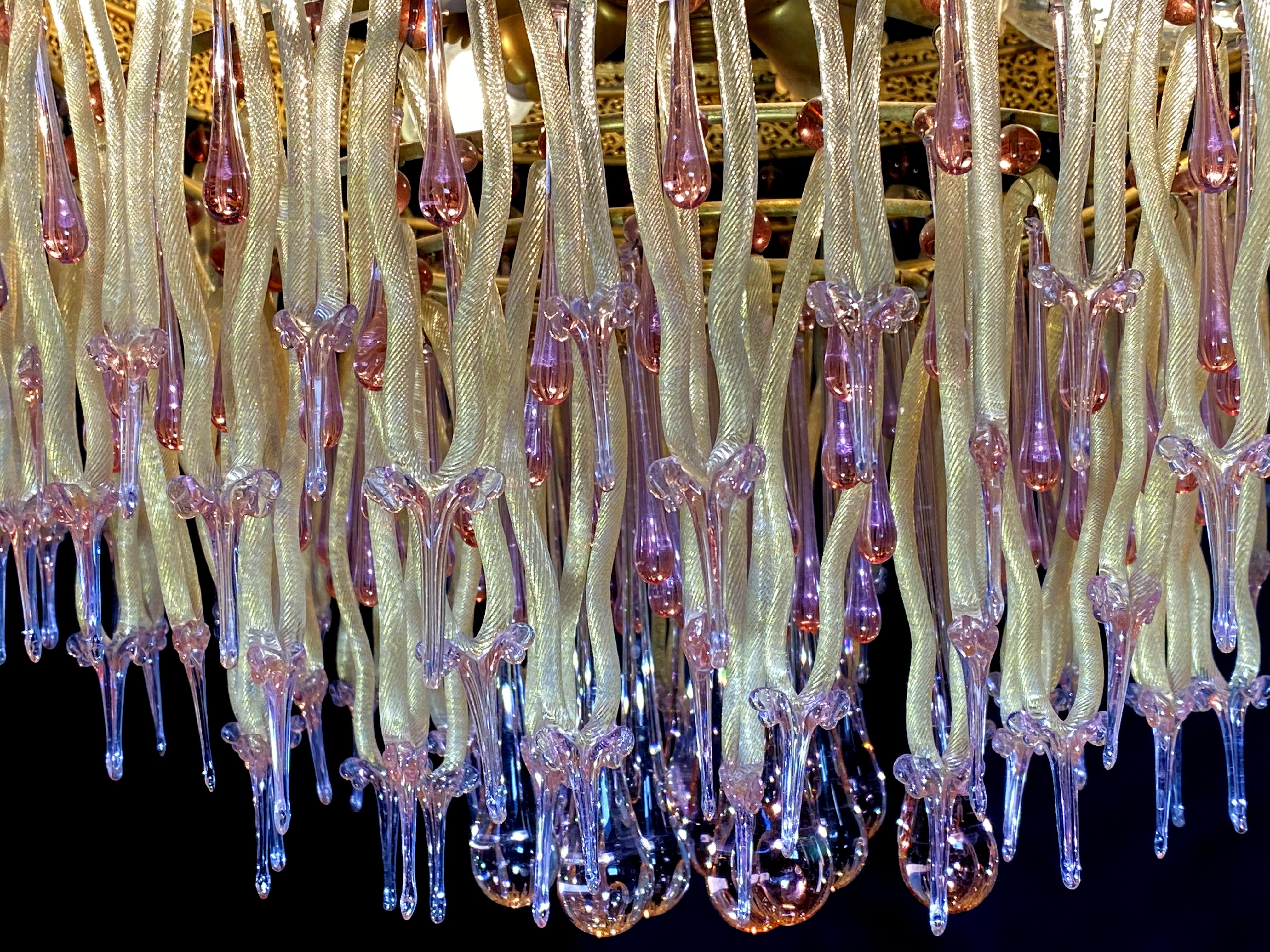 Venetian Chandelier with Golden Pendants, Barovier & Toso. Murano, 1950s 3