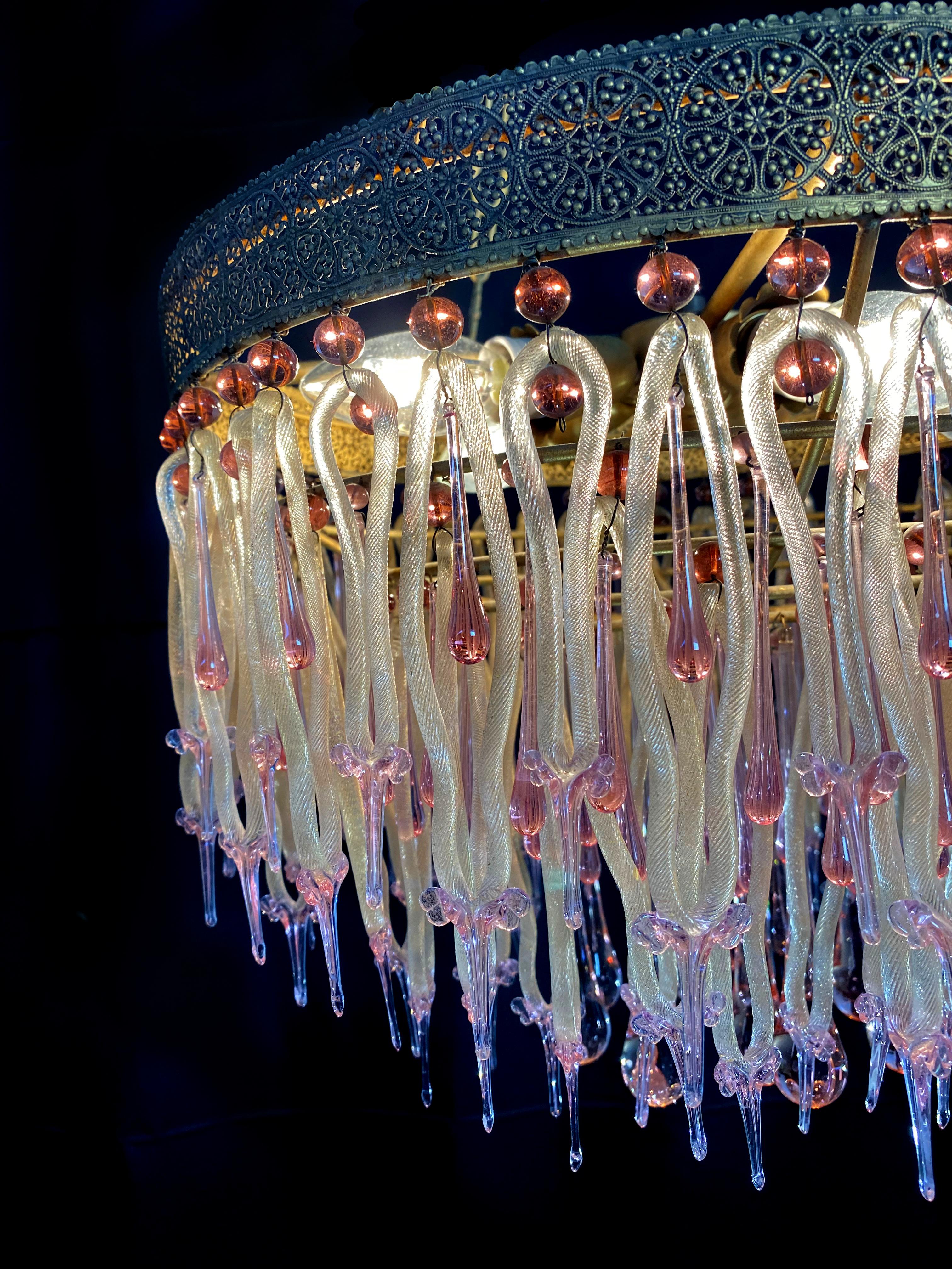 Venetian Chandelier with Golden Pendants, Barovier & Toso. Murano, 1950s 6