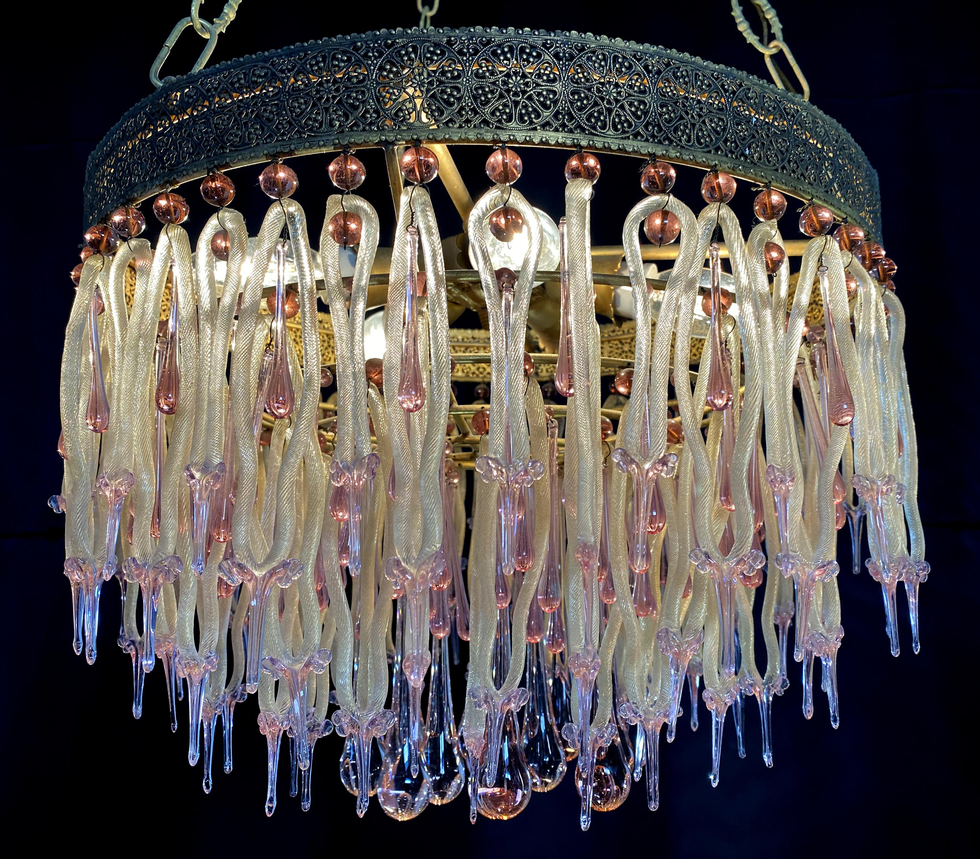 Venetian Chandelier with Golden Pendants, Barovier & Toso. Murano, 1950s 13