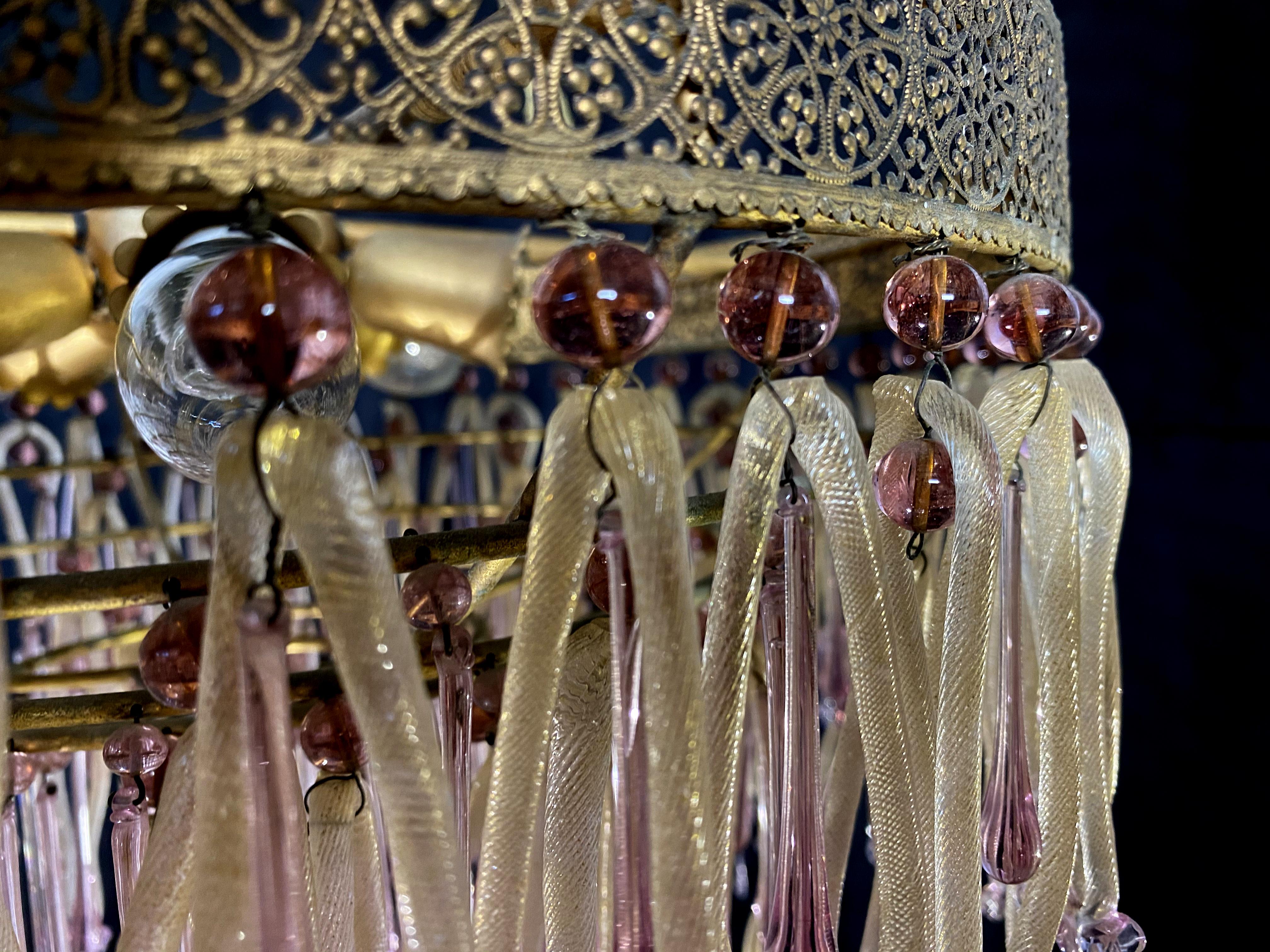 Venetian Chandelier with Golden Pendants, Barovier & Toso. Murano, 1950s 1