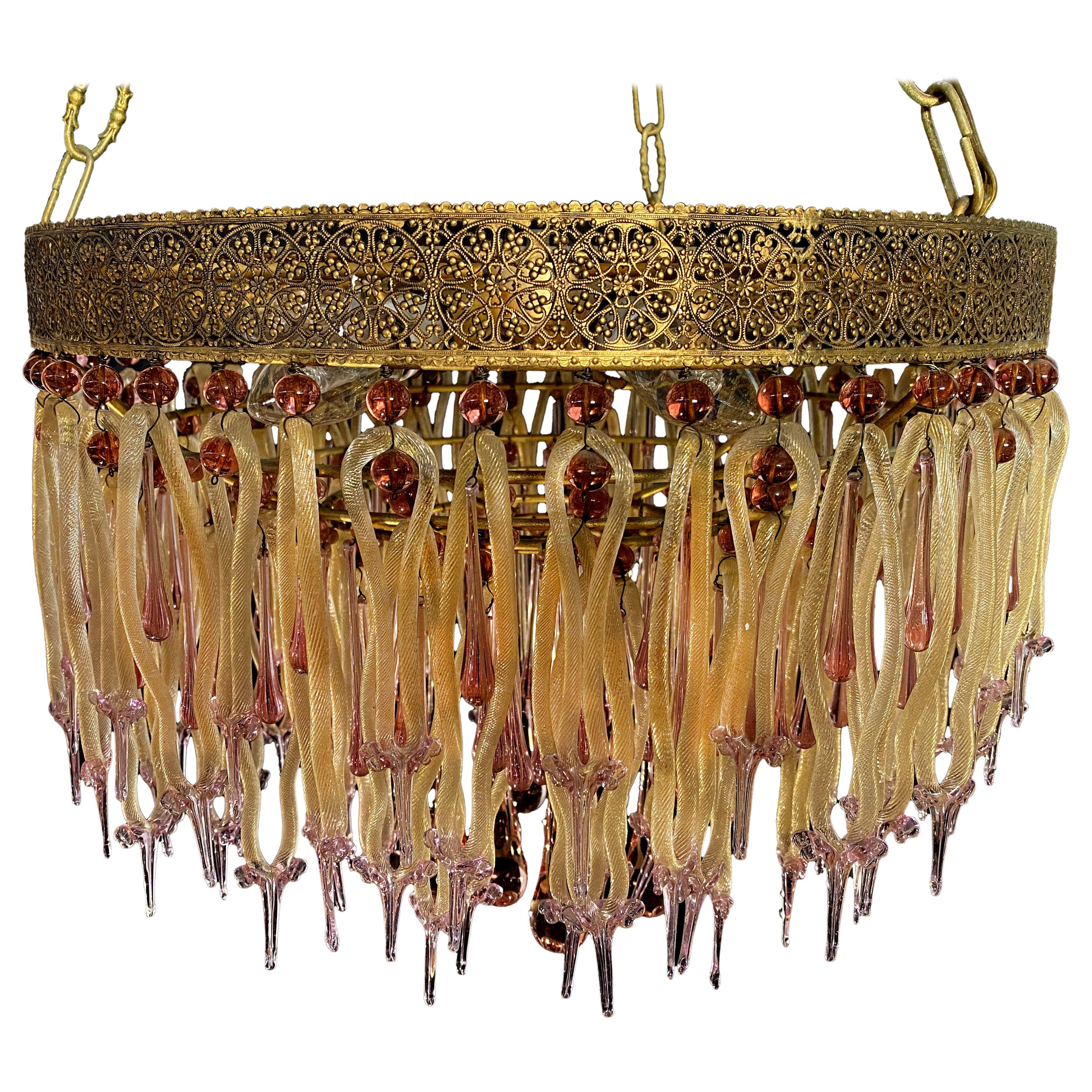 Venetian Chandelier with Golden Pendants, Barovier & Toso. Murano, 1950s