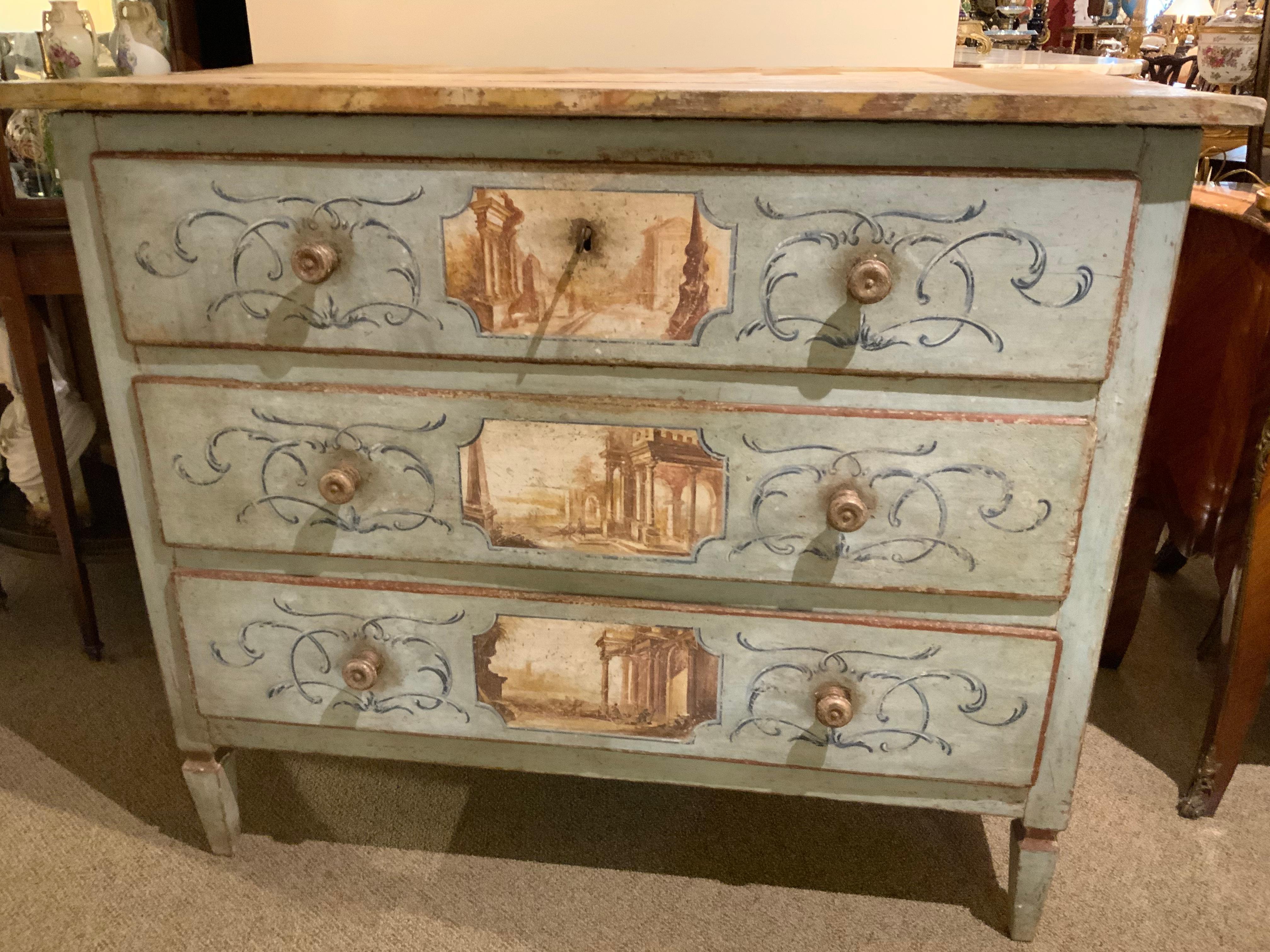 Hand-Painted Venetian Chest of Drawers, Hand Painted, 18th C For Sale