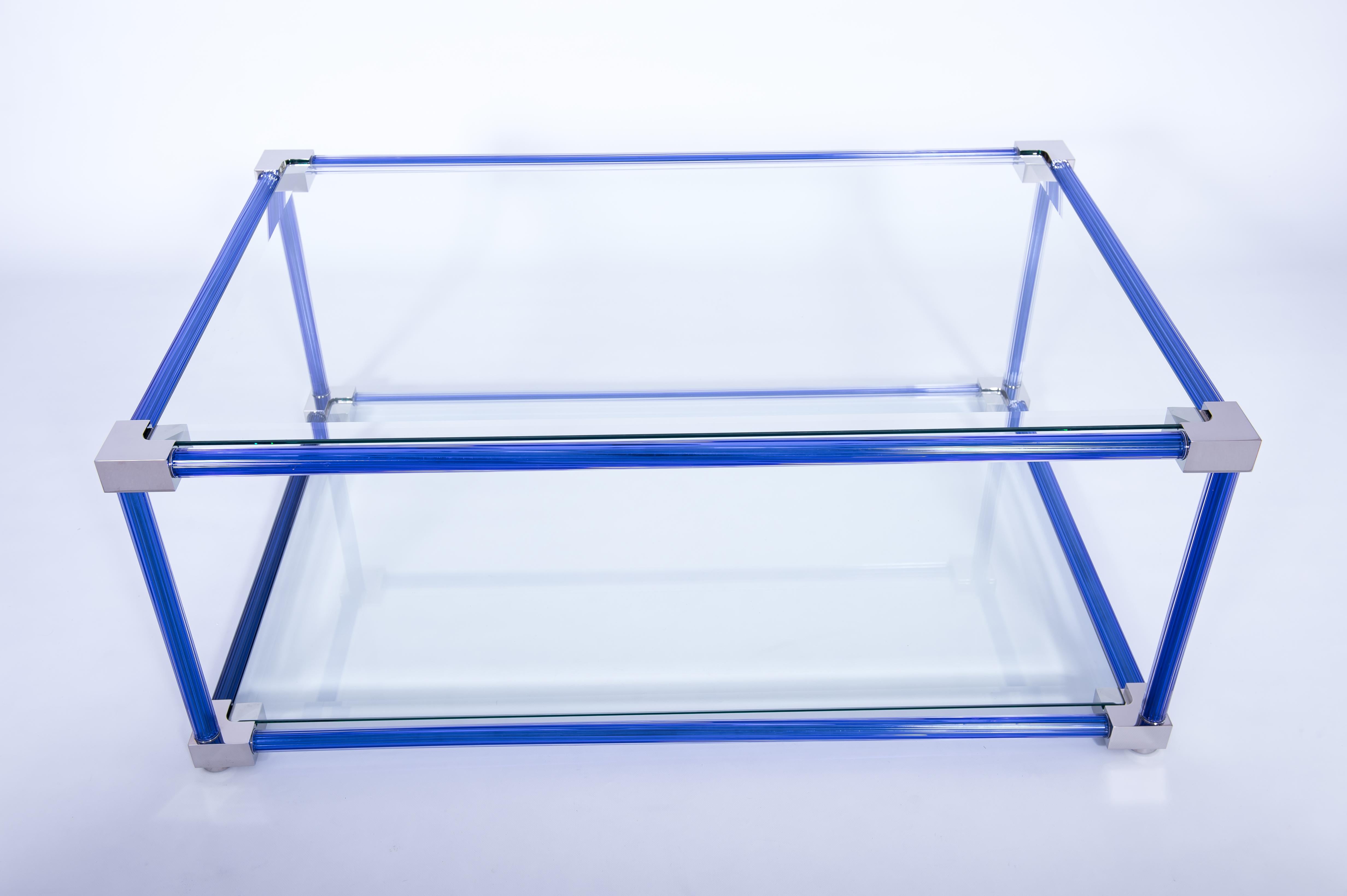 Venetian Coffe Table in Blown Murano Glass Blue and Chromed, 21st Century Italy For Sale 6
