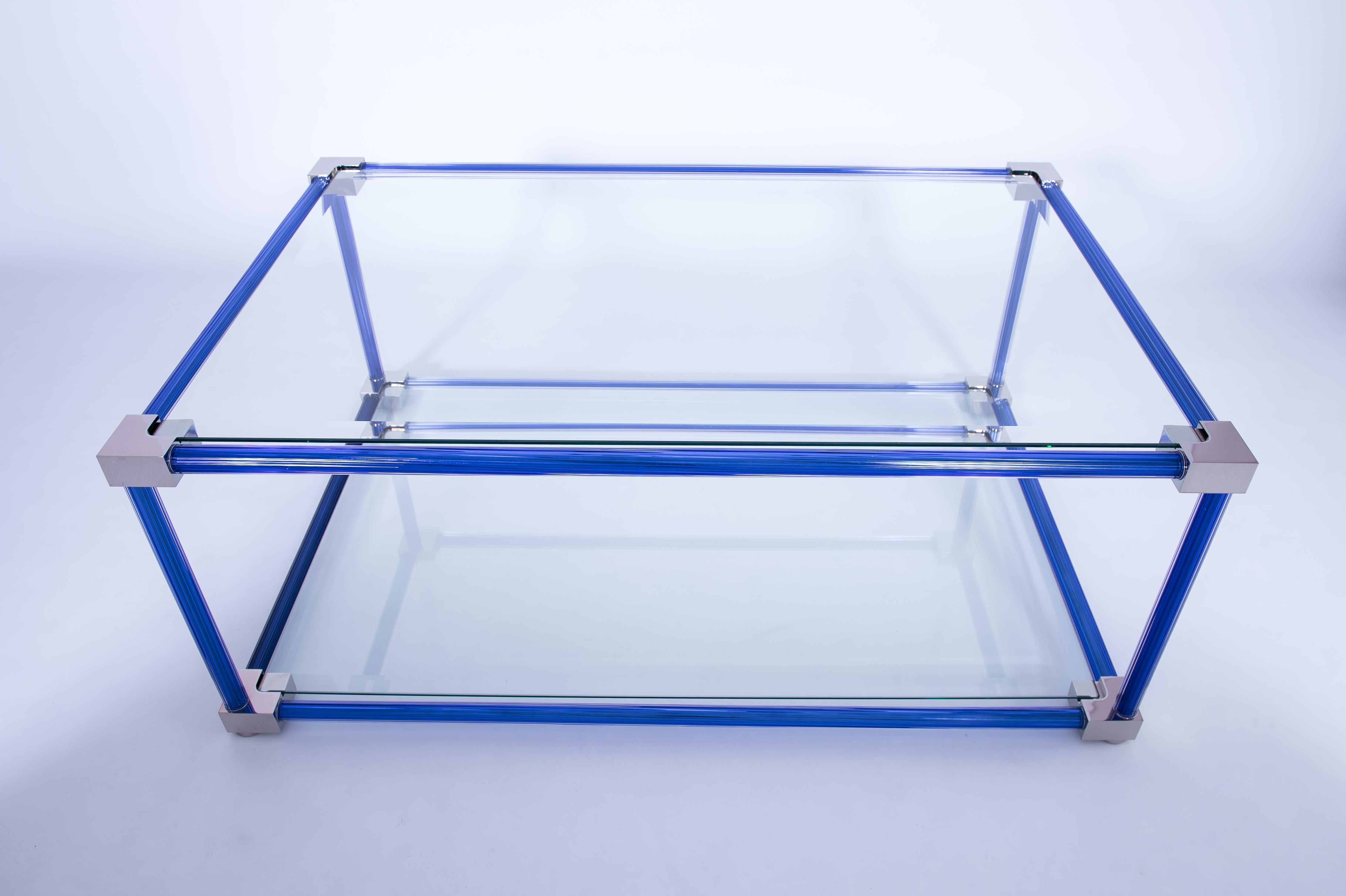 Venetian Coffe Table in Blown Murano Glass Blue and Chromed, 21st Century Italy For Sale 9