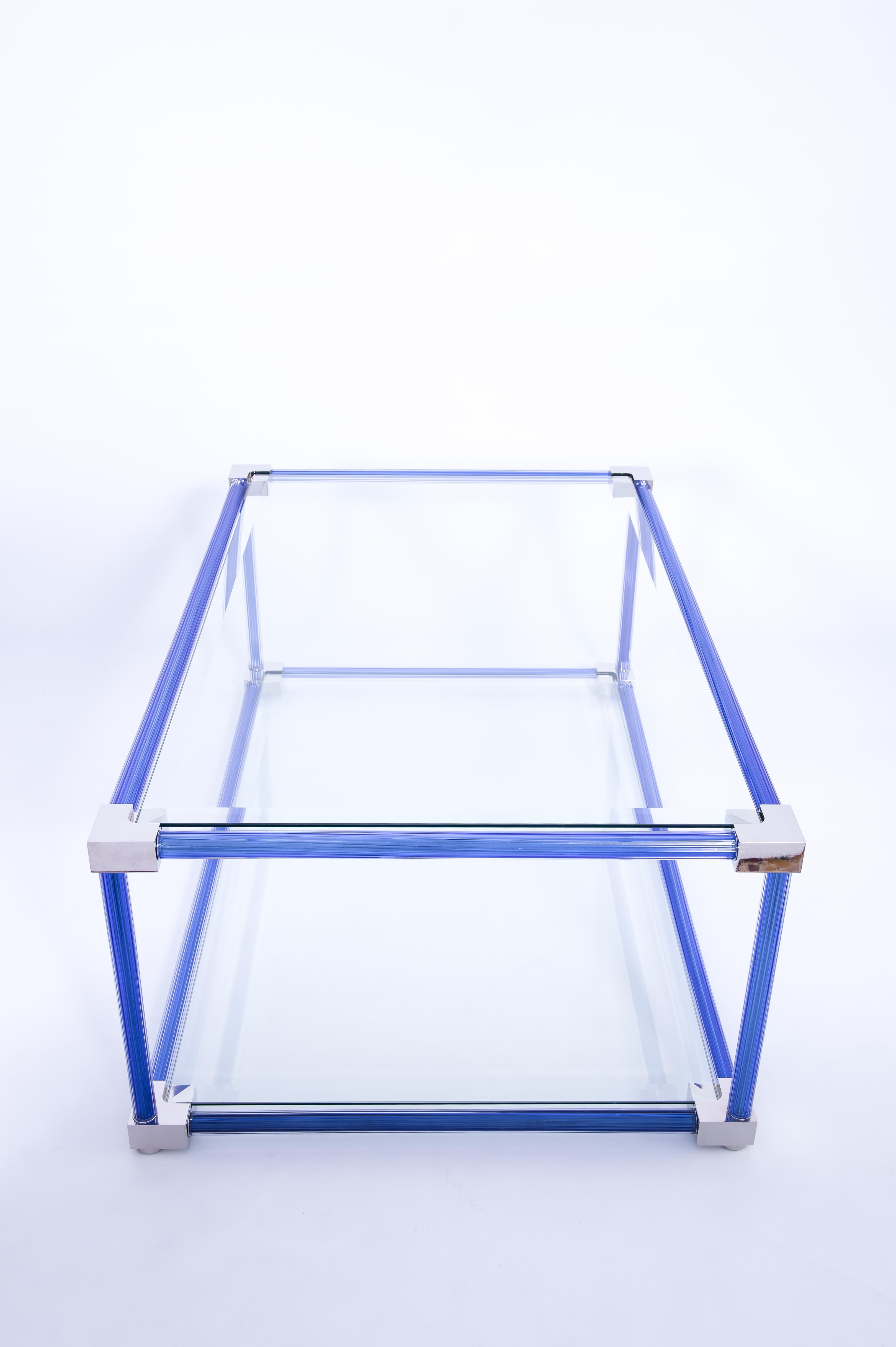 Moderne Table basse vénitienne en verre de Murano soufflé bleu et chromé, XXIe siècle, Italie en vente