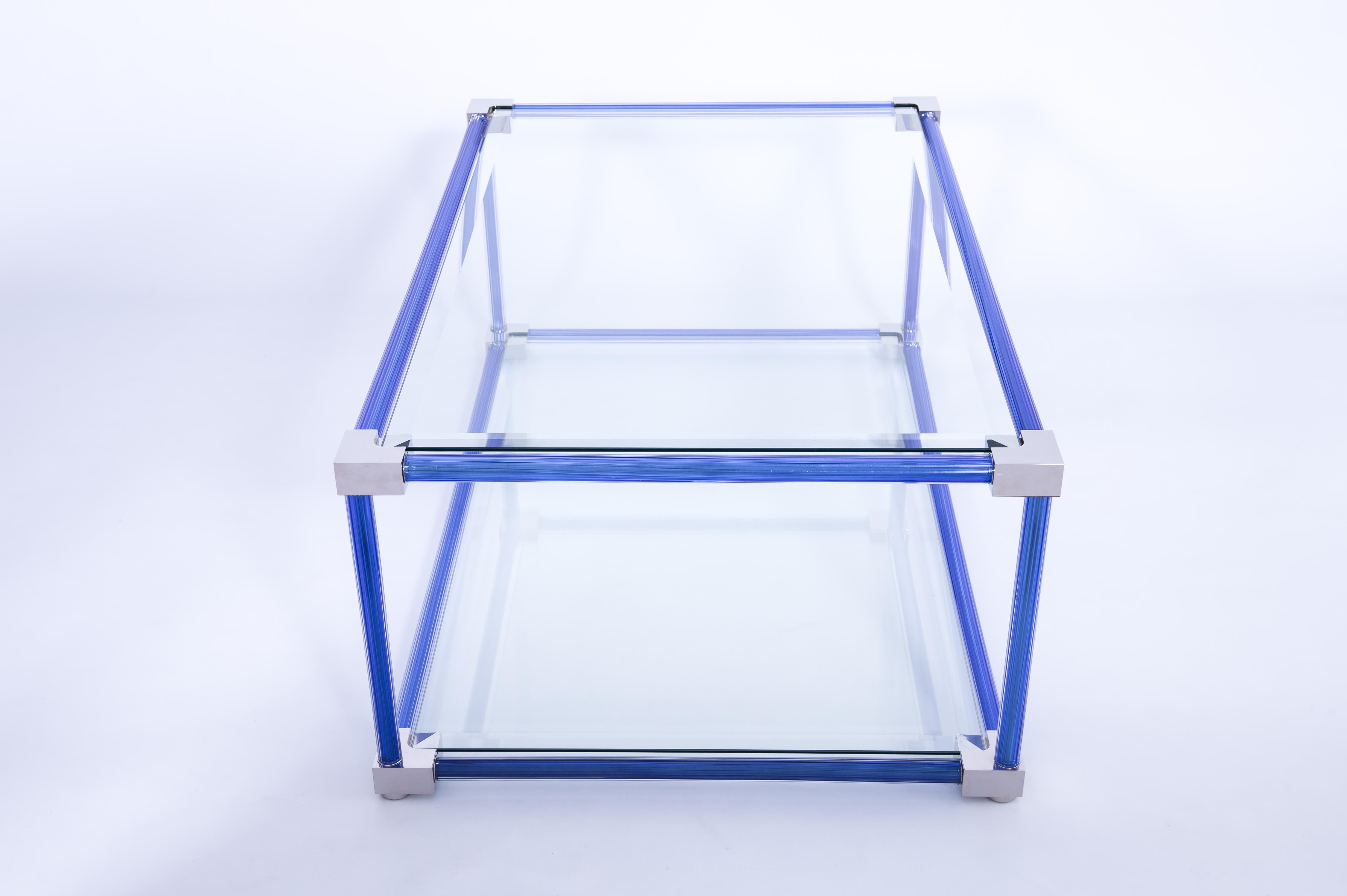 Italian Venetian Coffe Table in Blown Murano Glass Blue and Chromed, 21st Century Italy For Sale