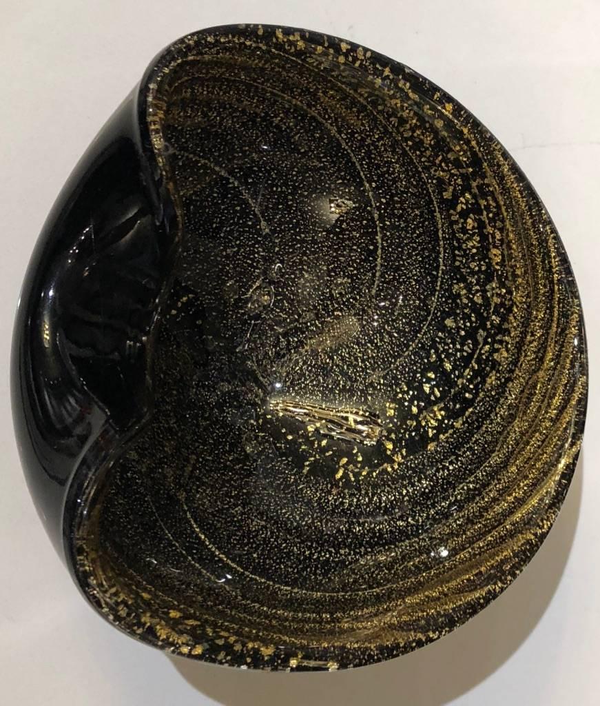 Pinched Venetian black stained glass dish with gold details inside. Made in Murano, Italy.